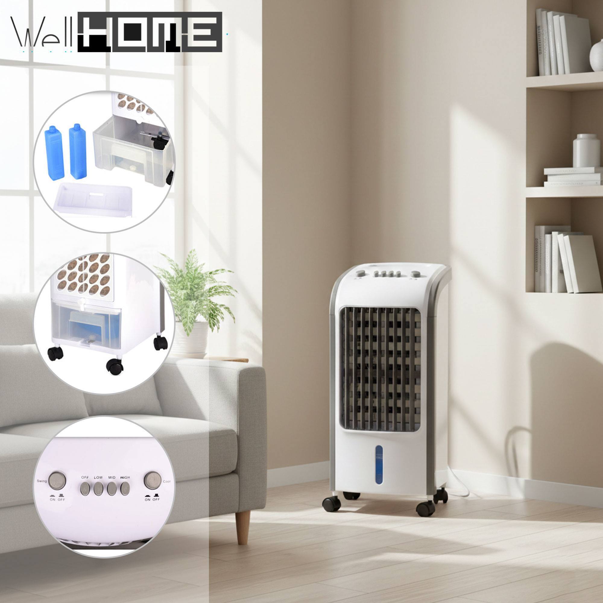 Well Home Aparato aire acondicionado 80W, 26x24x57cm, blanco/gris, depósito 3,5L, 3 velocidades, oscilación 360°