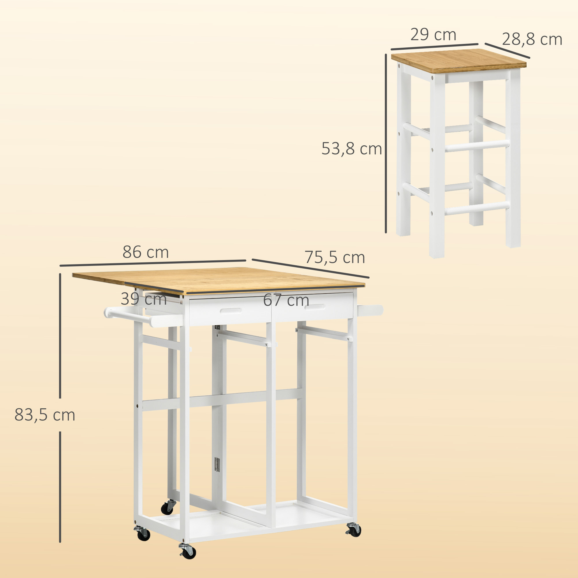 Juego de Mesa Alta de Bar y 2 Taburetes, Mesa Alta de Cocina de Bambú con Ruedas, Tablero Plegable, Ahorro Espacio, Cajones, Toalleros y Reposapiés, Natural y Blanco