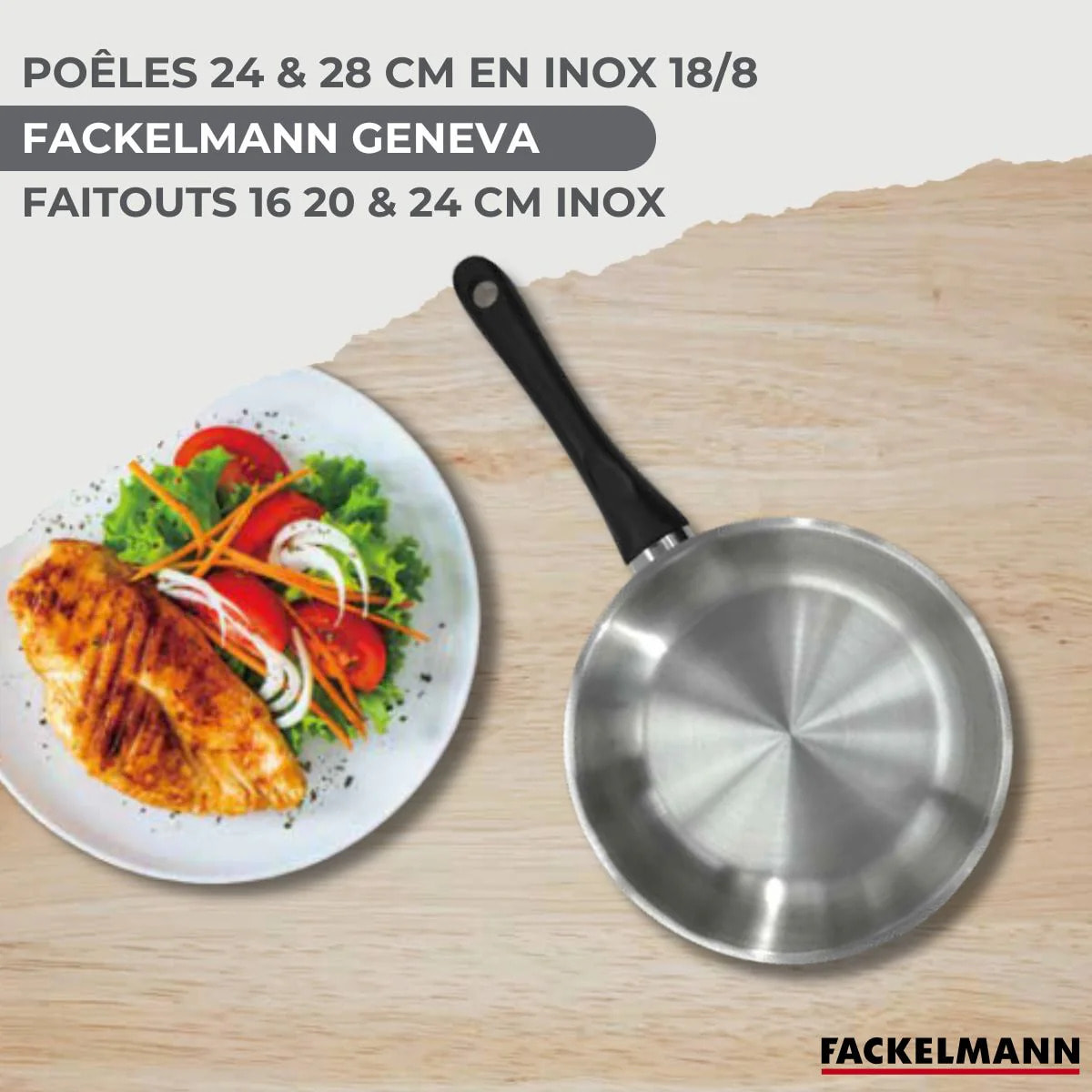 Set 2 poêles 24 28 cm avec couvercle, 3 faitouts 16, 20 et 24 cm en inox et 5 ustensiles Fackelmann Geneva