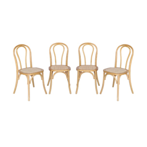 Lot de 4 chaises vintage en bois avec assise en rotin et dossier arrondi. coloris naturel. L 48 x P 49.5 x H 90cm