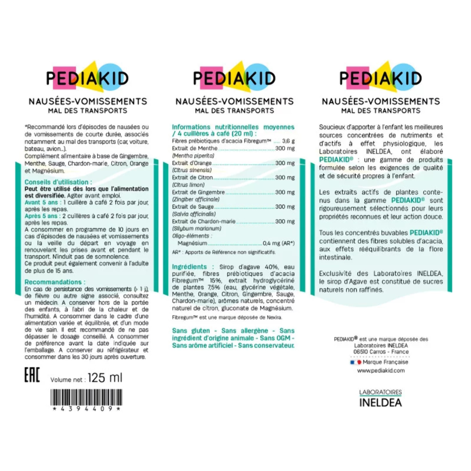 PEDIAKID - Nausées-vomissements mal des transports - Complément alimentaire à base de plantes - Confort digestif - Contre les nausées & vomissements - Goût citron - Lot de 3 Flacons de 125 ml