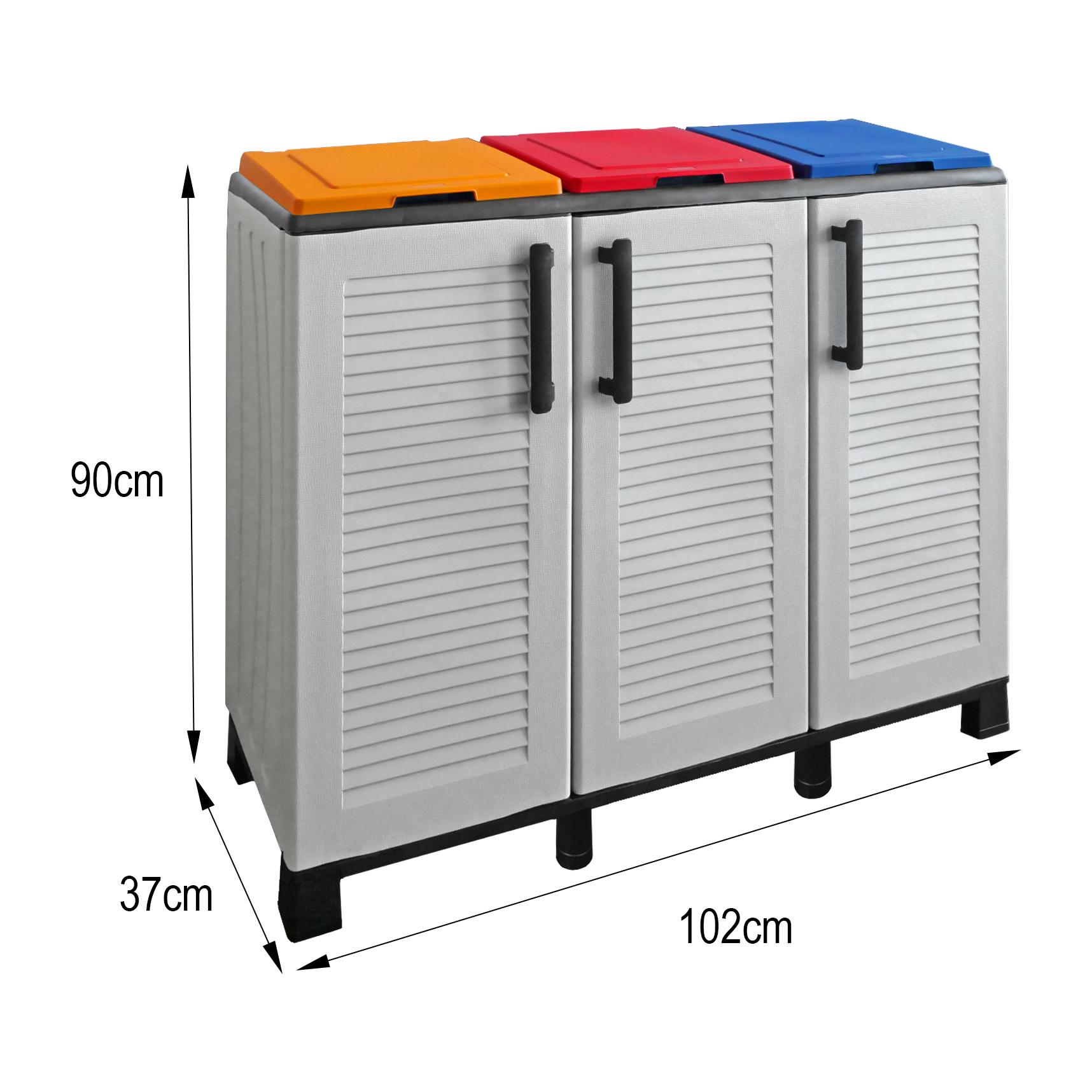 Armadio portarifiuti da esterno o interno, Mobile porta 3 sacchi a 3 ante, 100% Made in Italy, cm 102x37h90, colore Grigio chiaro e coperchi colorati