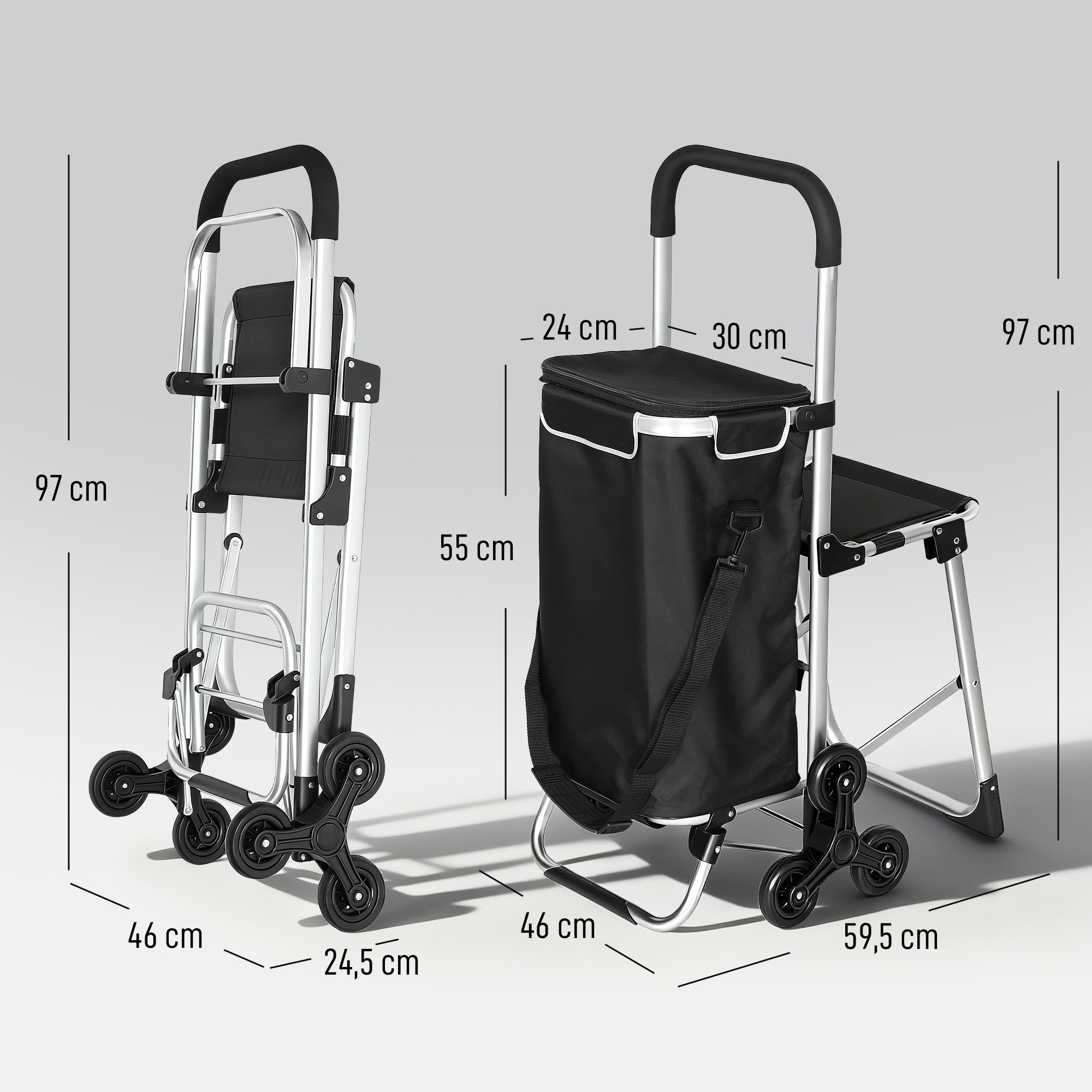 Carrito de Compra Plegable 3 en 1 de 40 L de Aluminio con Asiento Colapsable, Bolsa Térmica Extraíble, Carro de la Compra con 6 Ruedas y Asa Ajustable, para Supermercado, Negro