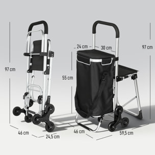 Carrito de Compra Plegable 3 en 1 de 40 L de Aluminio con Asiento Colapsable, Bolsa Térmica Extraíble, Carro de la Compra con 6 Ruedas y Asa Ajustable, para Supermercado, Negro