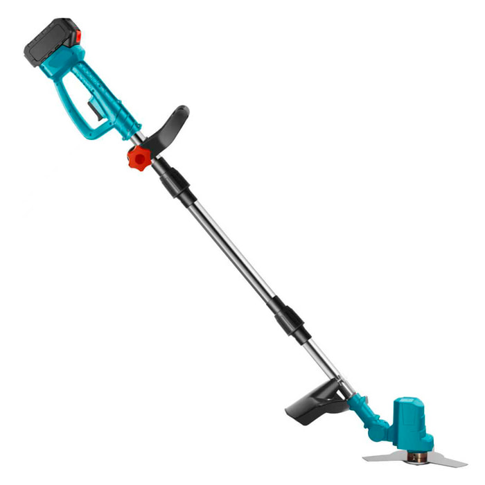 Desbrozadora de 21 V con 18000 rpm, 650 W de potencia y doble batería de 15.000 mAh, con mango articulad y 3 cuchillas.