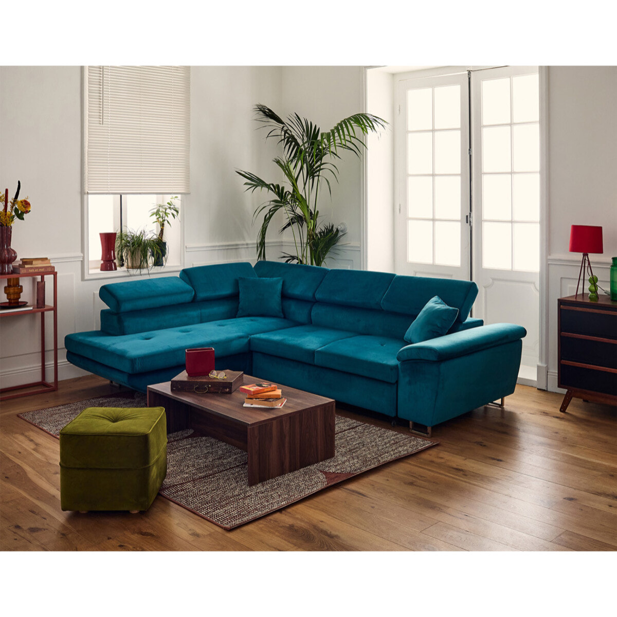 Dimas - canapé d'angle gauche 5 places - convertible avec coffre et têtières réglables - en velours - Bleu