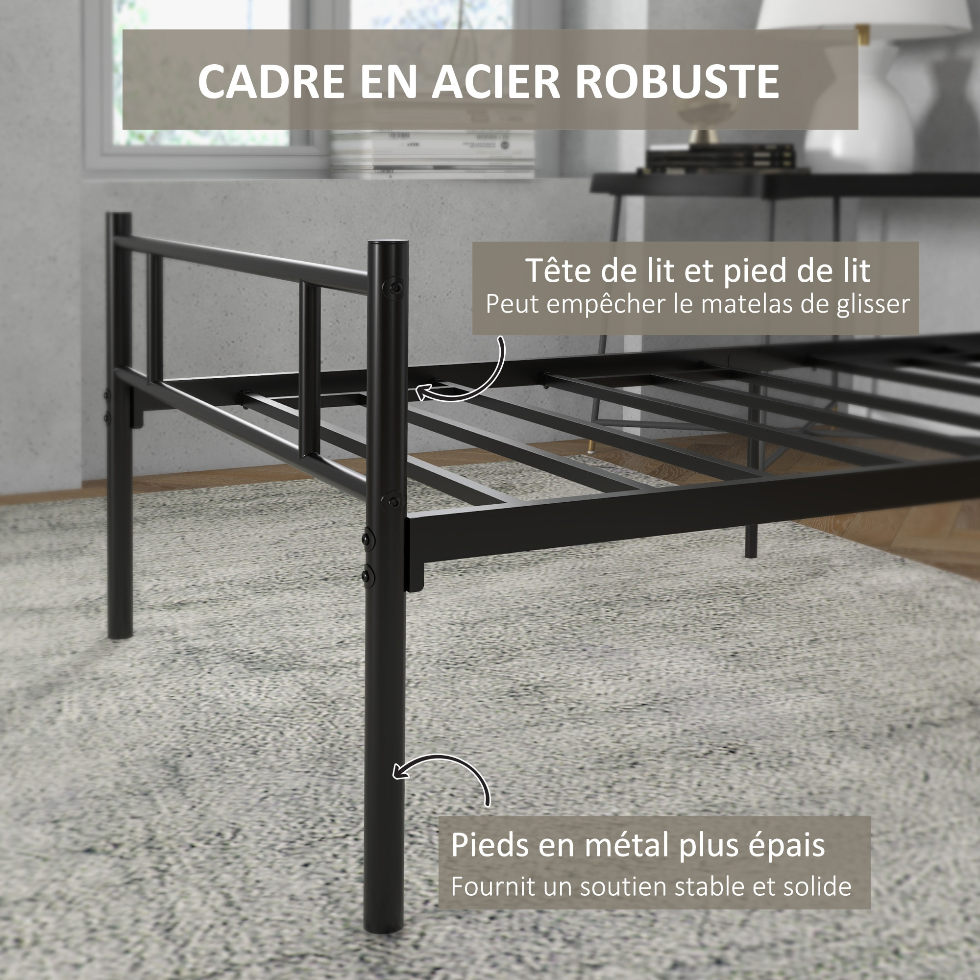 Cadre de lit simple 90 x 190 cm avec sommier à lattes - tête de lit, pied de lit inclus - acier noir