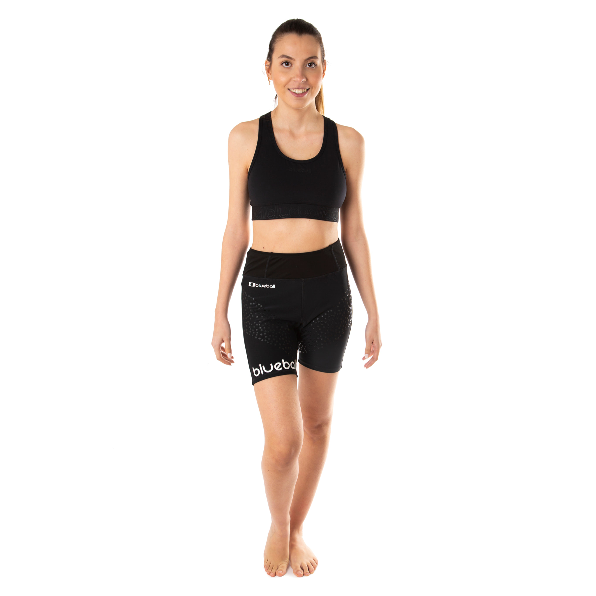 MALLAS DE COMPRESIÓN RUNNING PARA MUJER DE LARGO CORTO BLUEBALL EN NEGRO CON BLANCO
