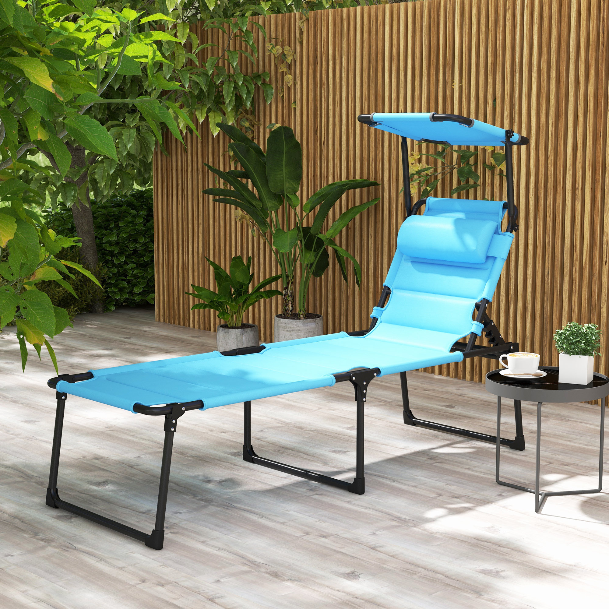 Tumbona Plegable, Tumbona Jardín Exterior con Toldo Ajustable, Respaldo Regulable en 4 Niveles, Reposacabezas, Cojín Grueso, para Terraza, Piscina, 70x200x45 cm, Azul Claro