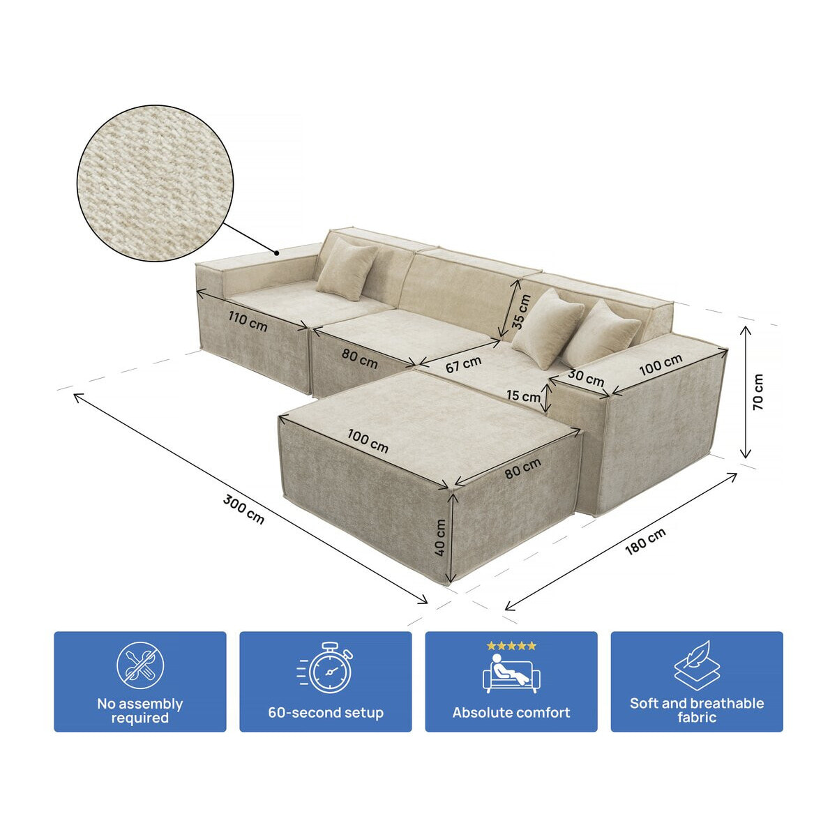 Canapé droit modulable avec ottoman en tissu texturé "Lusso" - 4 places - Beige