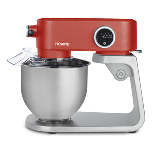 Batidora Amasadora Profesional KM124 H.Koenig, 800 W, Capacidad 5 L, 8 Velocidades, Hasta 1,5 Kg de Masa, Cabeza Reclinable y Móvil, Pizza, Repostería, Pan, Acero inoxidable, 78 dB, Gris y Rojo [Clase de eficiencia energética A]