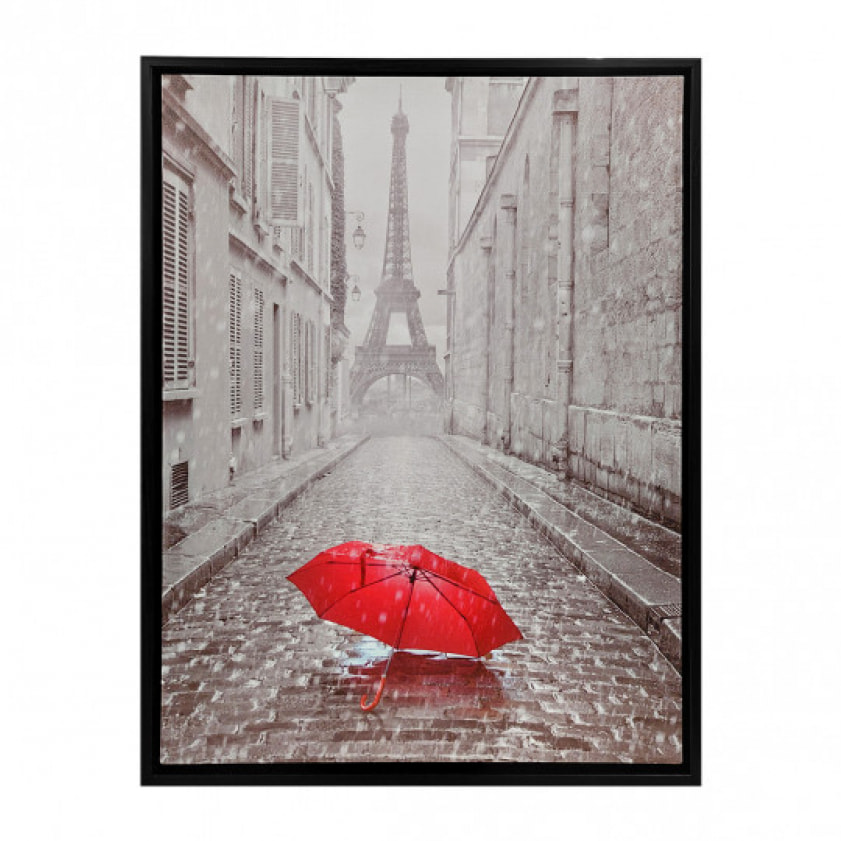 Tableau en toile imprimée Tour Eiffel et parapluie rouge avec cadre en bois noir 30x40cm - PARIS