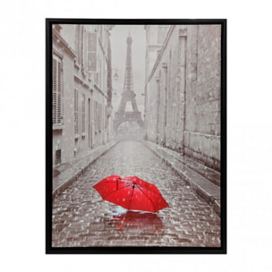 Tableau en toile imprimée Tour Eiffel et parapluie rouge avec cadre en bois noir 30x40cm - PARIS