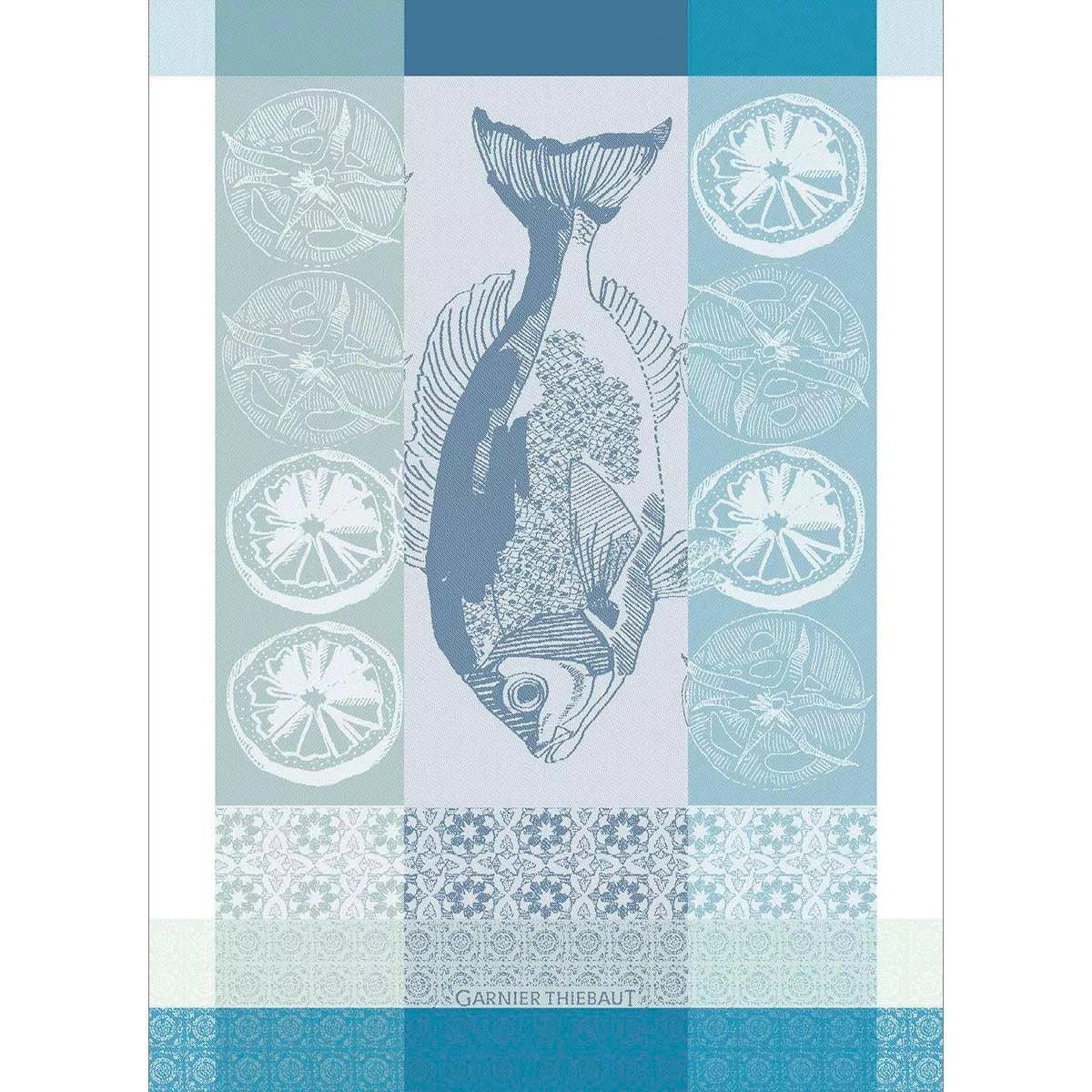 Torchon pur coton motif jacquard blanc bleu Plancha outremer