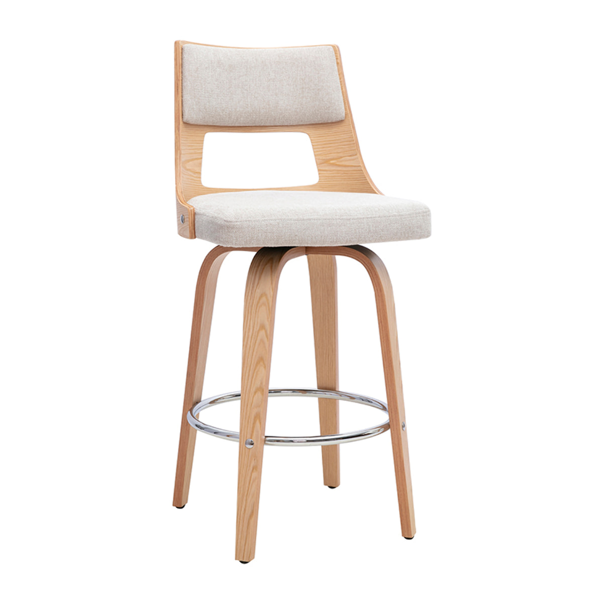 Tabouret de bar scandinave pivotant en tissu effet velours texturé beige et bois clair H69 cm GARBO