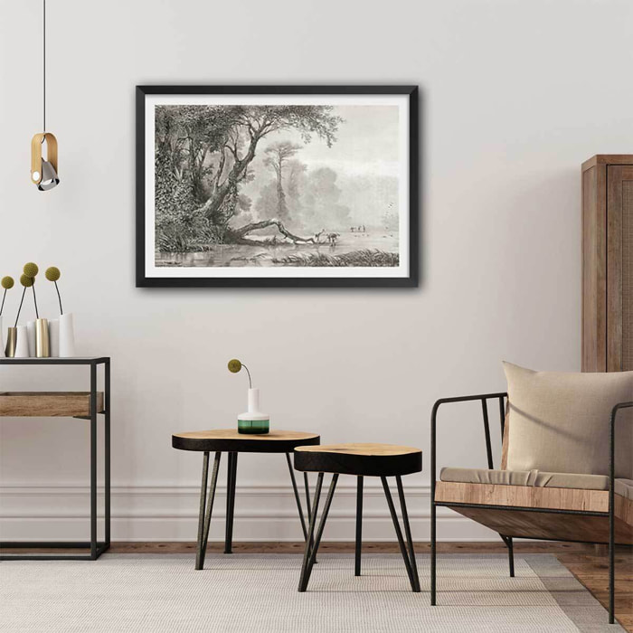 Affiche gravure les bords du fleuve Affiche + cadre en bois - Noir