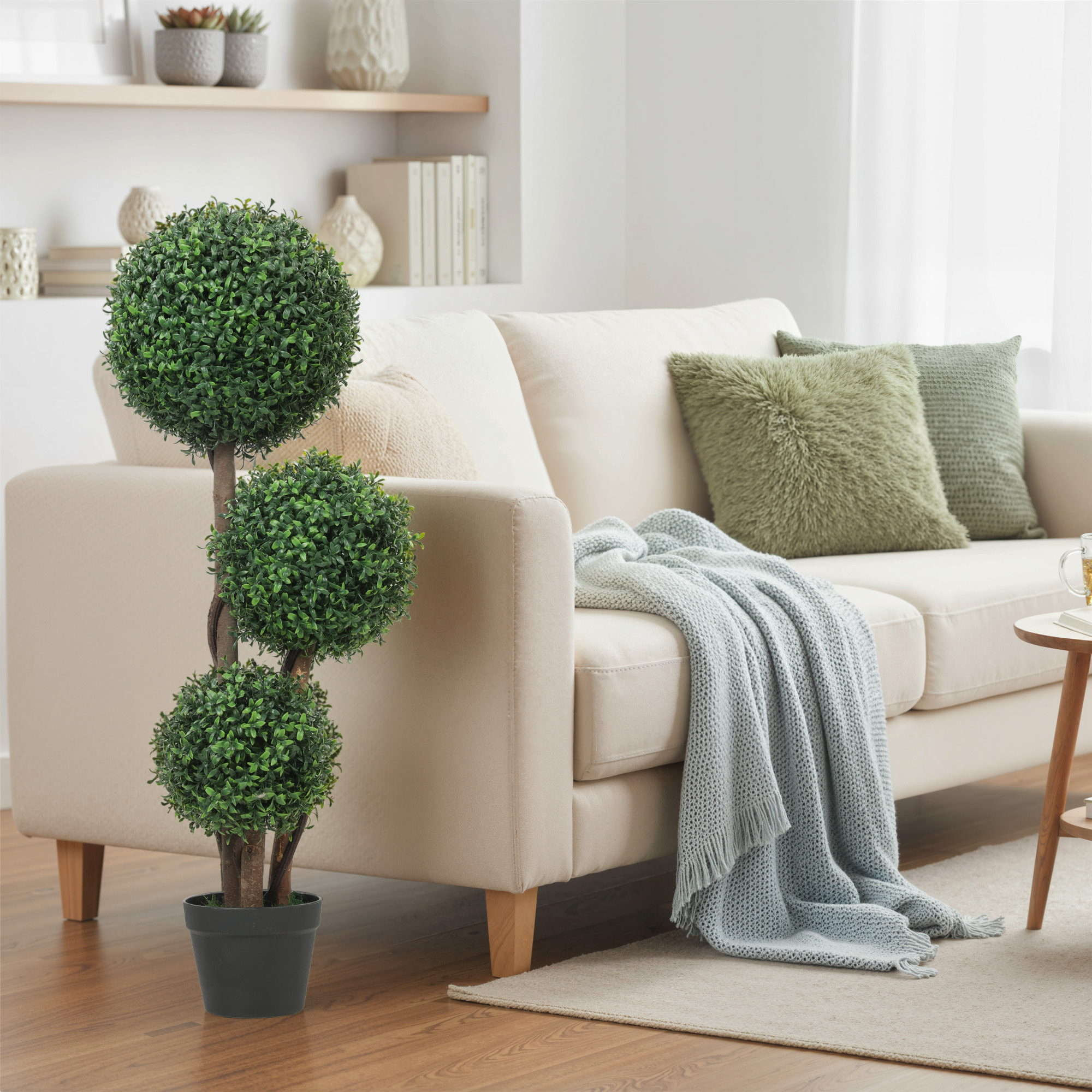 Plante Artificielle topiaire buis 3 boules H.100 cm 3 vrais troncs et lianes