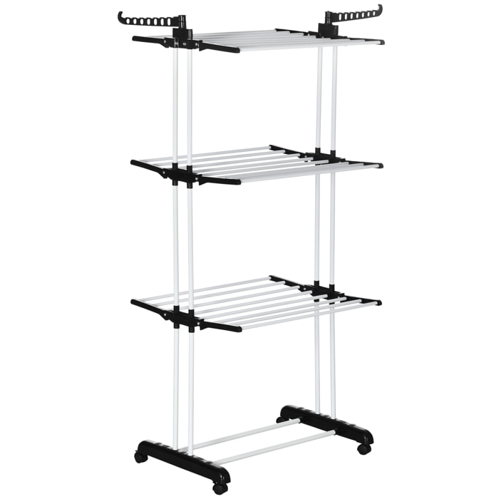 HOMCOM Tendedero Plegable para Ropa con Ruedas Tendedero Vertical de Acero Tipo Torre de 3 Niveles con Alas Plegables y Colgadores Giratorios Carga 70 kg 73x64x177 cm Negro y Blanco