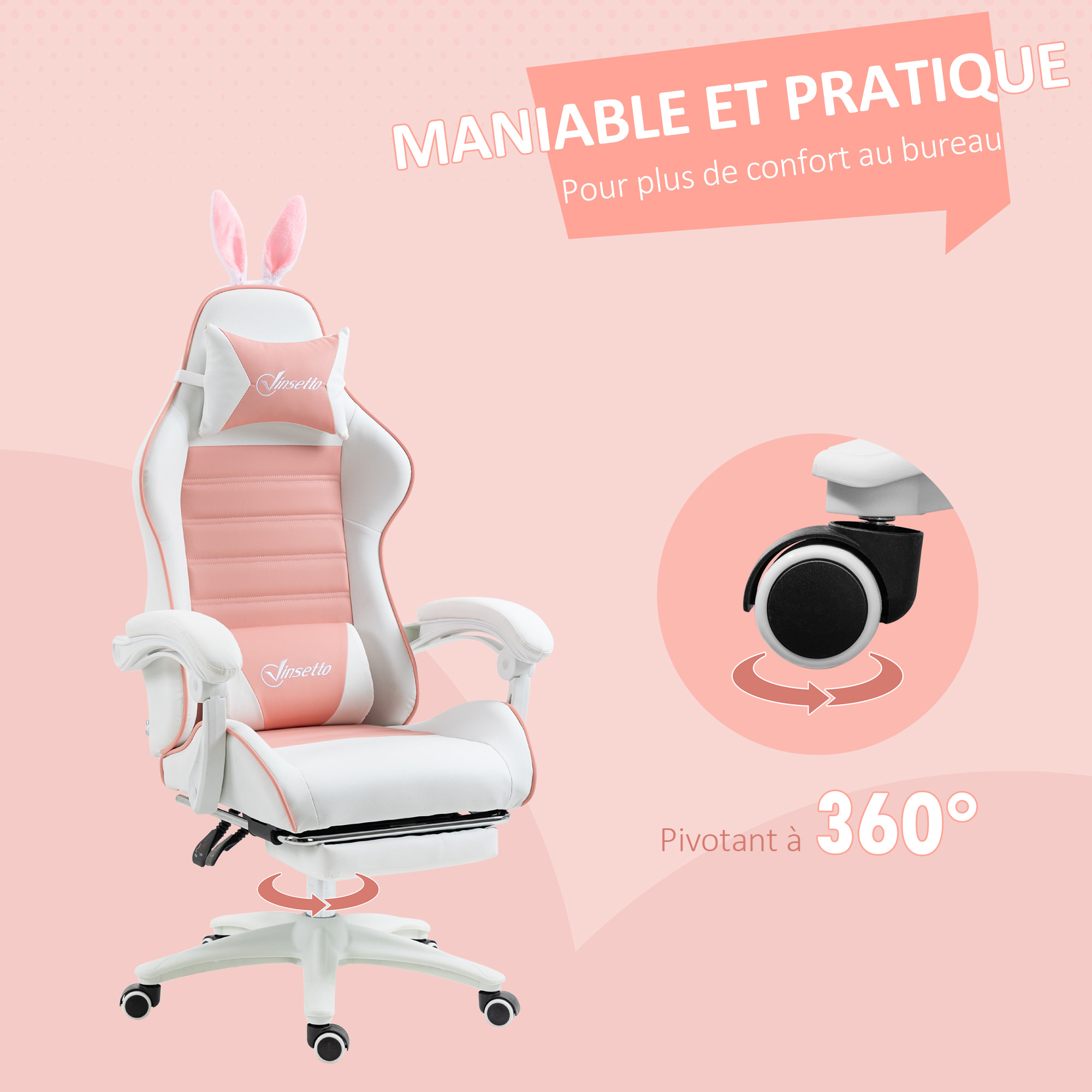 Chaise gaming fauteuil gamer inclinable réglable repose-pied rétractable oreilles de lapin amovibles rose blanc