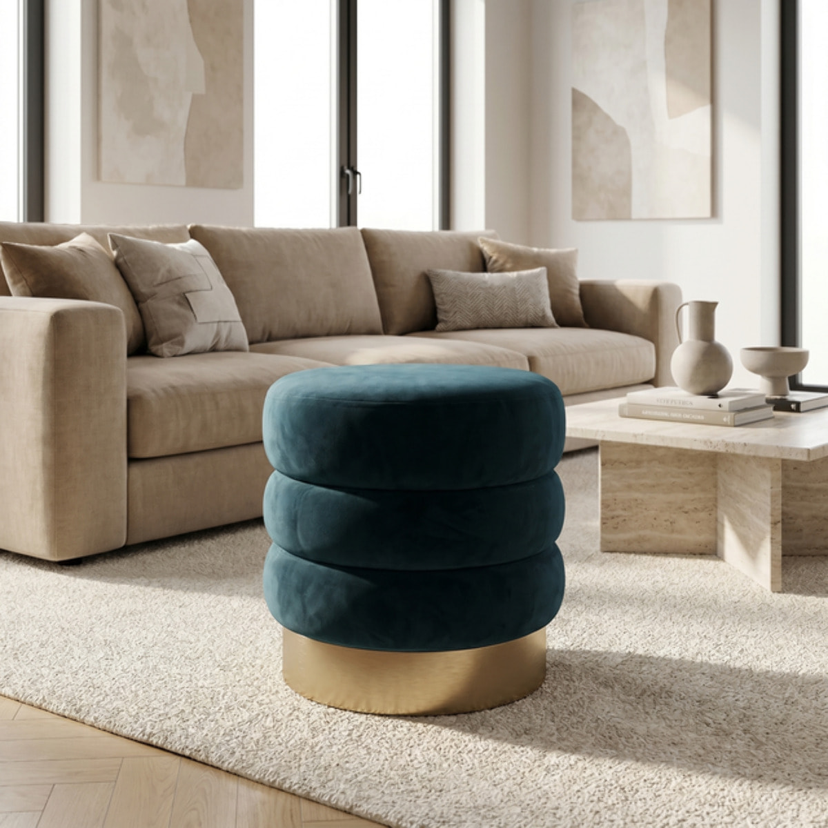 Pouf rotondo in velluto con base oro Ø38x38 cm, sgabello imbottito design moderno elegante, seduta decorativa per salotto camera da letto ingresso cabina armadio, pouf velvet con struttura resistente fino a 100 kg
