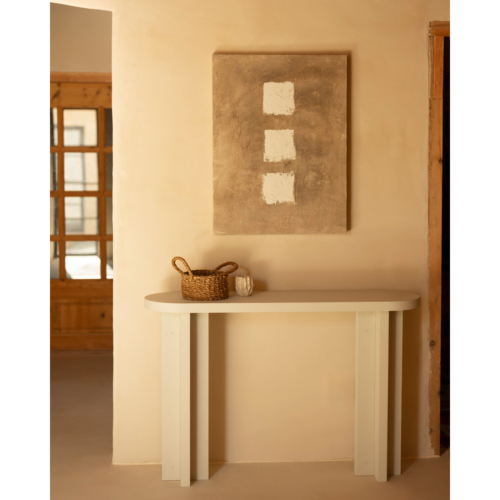 Tableau beige et blanc décoratif sur coton avec cadre en bois peint à la main à la peinture à l'huile en différentes tailles
