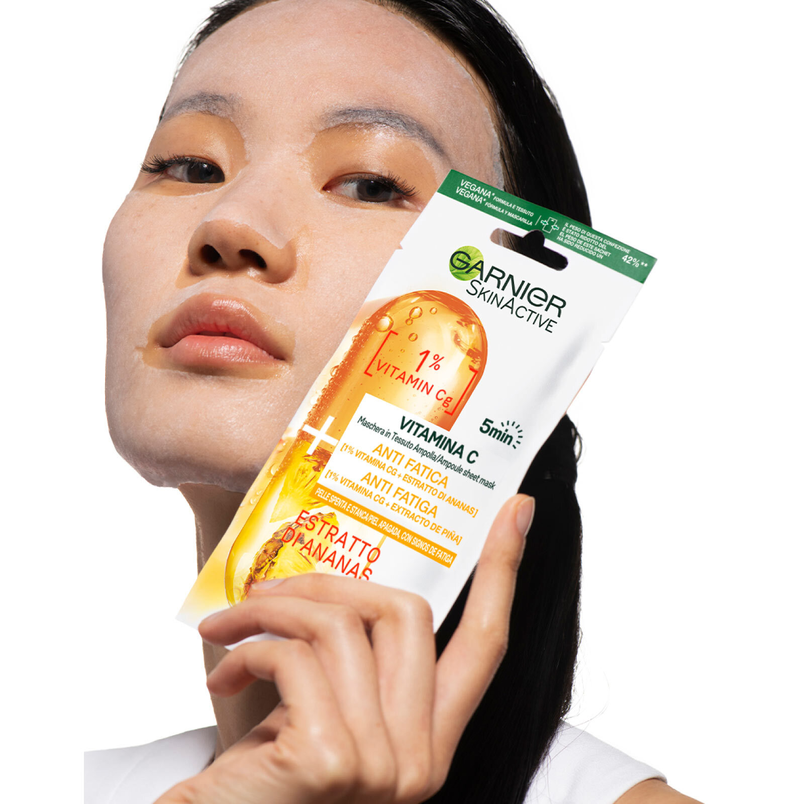 4x Maschera Viso Anti Fatica in Tessuto Ampolla SkinActive Vitamina C ed Estratto di Ananas