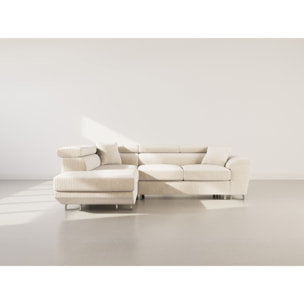 Baoji - Canapé d'angle gauche 5 places convertible avec têtières et coffre en velours côtelé - Beige