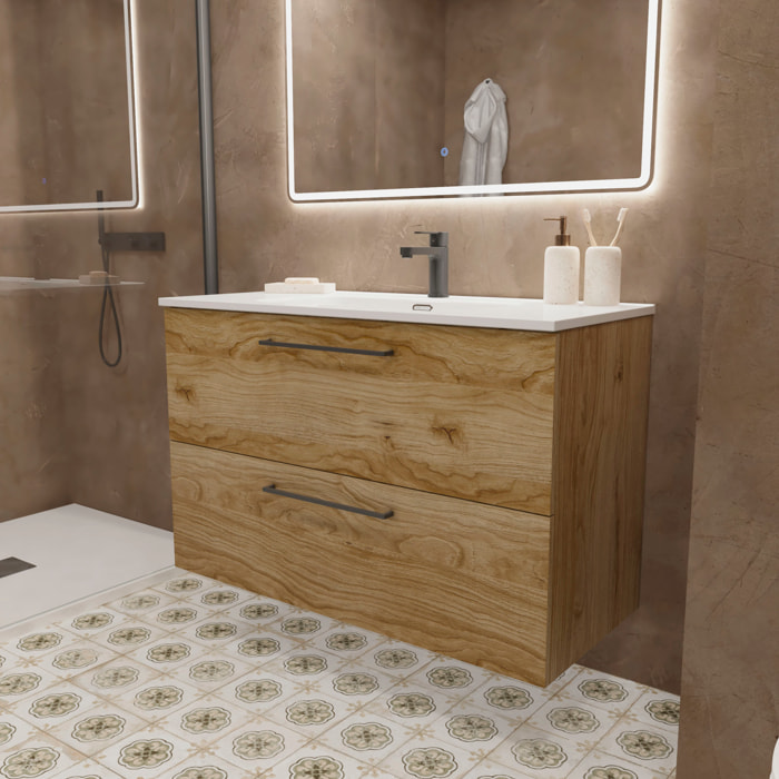 Meuble de Salle de Bain Vex | 100 cm Teka| Deux Tiroirs | Évier Encastré | Miroir non inclus | Meubles Assemblés | Alday