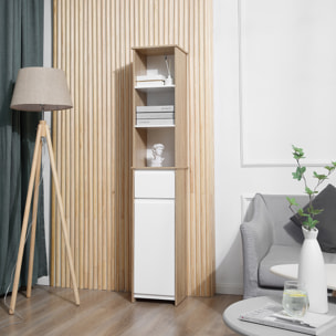 Armario Alto de Baño Mueble Columna de Baño con 1 Puerta Cajón y 3 Estantes Balda Ajustable para Cocina Salón 32,6x30x171,2 cm Madera Natural y Blanco