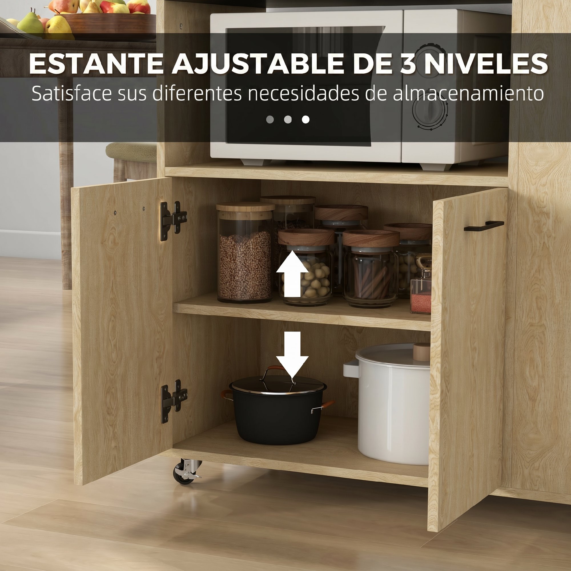 Carrito Auxiliar con Ruedas, Carrito de Cocina con 2 Puertas, Estante Ajustable, Especieros, para Comedor, 75x40x80,5 cm, Natural