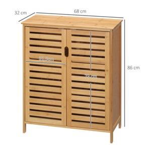 Meuble salle de bain bois bambou 2 portes 2 étagères dim. 60 x 30 x 120 cm naturel