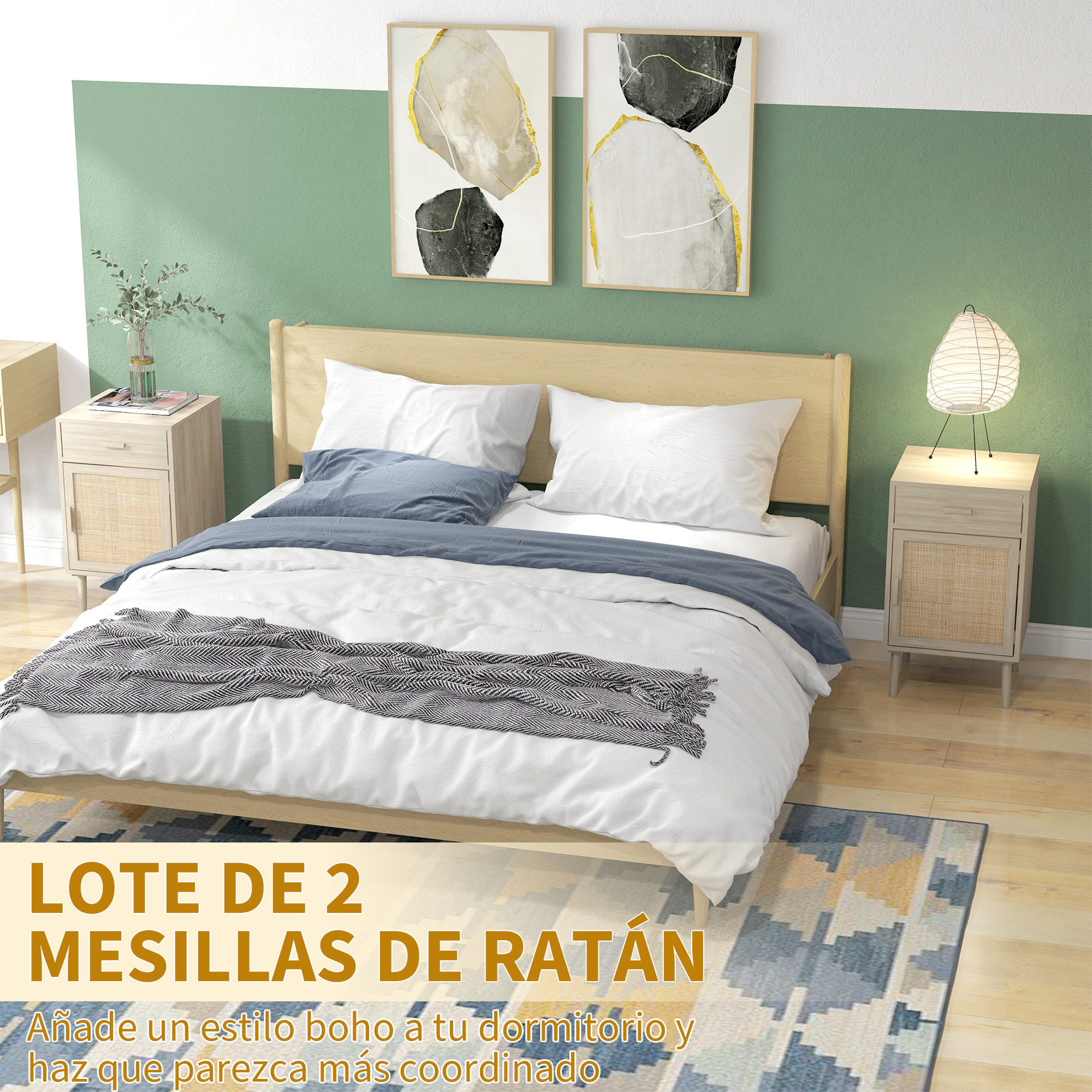 Juego de 2 Mesitas de Noche Mesillas de Noche Mesitas Auxiliares con Cajón de Ratán y Estante Ajustable para Dormitorio Salón 40x40x68,5 cm Roble