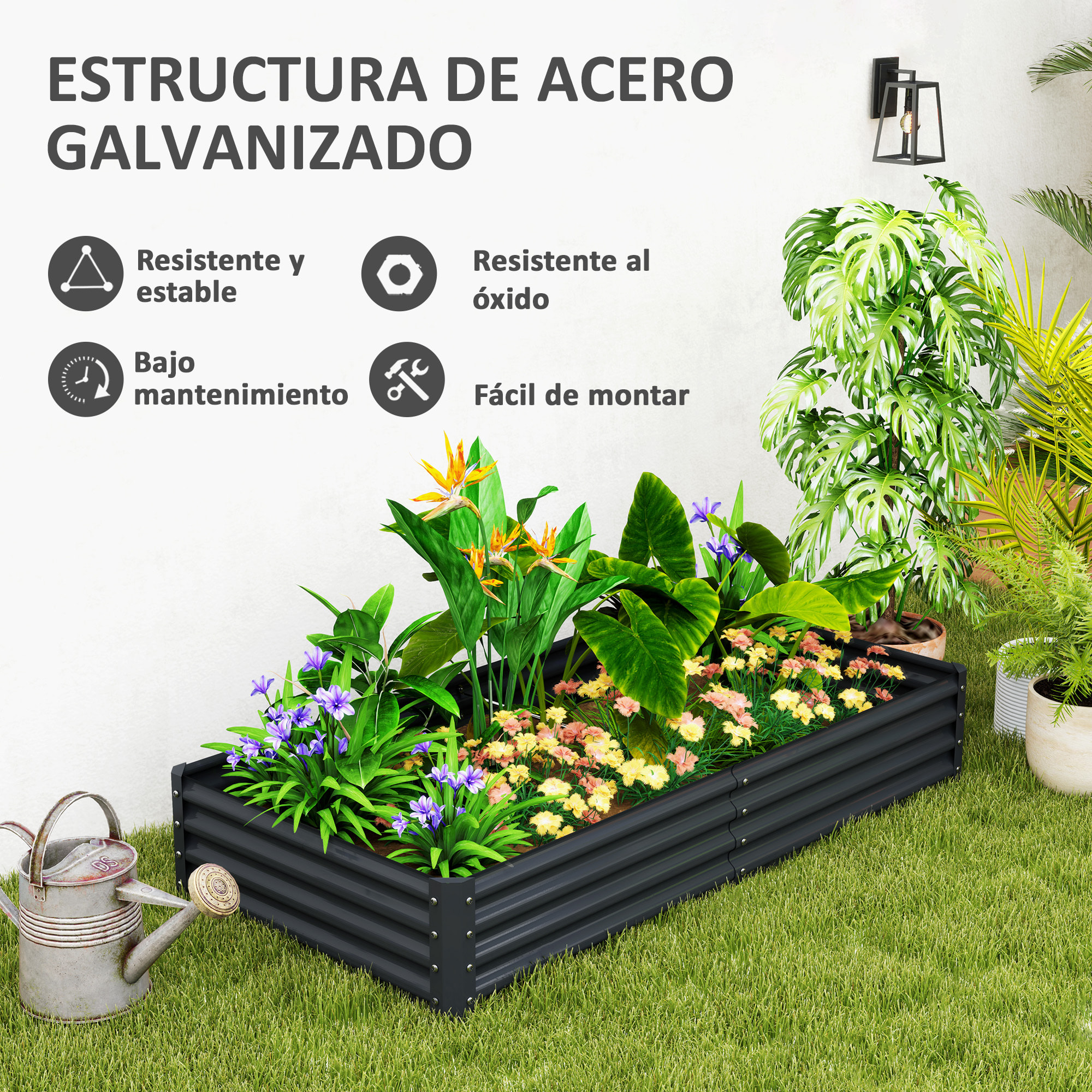 Jardinera Elevada de Acero Galvanizado Huerto Urbano para Cultivar Plantas Flores Hierba Macetero Grande Exterior Rectangular con Fondo Abierto 180x90x30 cm Gris Oscuro