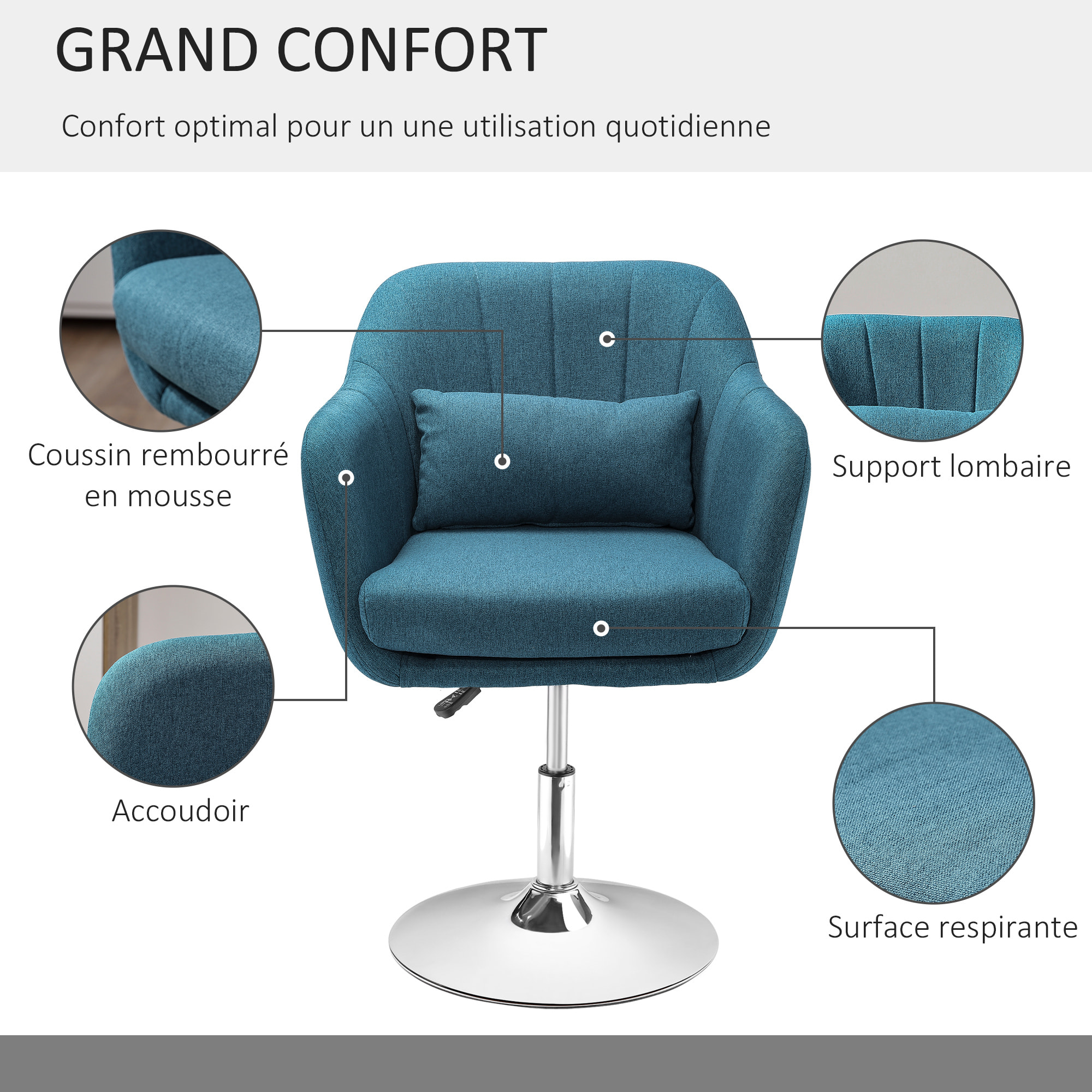 Fauteuil lounge design grand confort coussins lombaires hauteur réglable pivotant 360° piètement métal chromé lin bleu canard