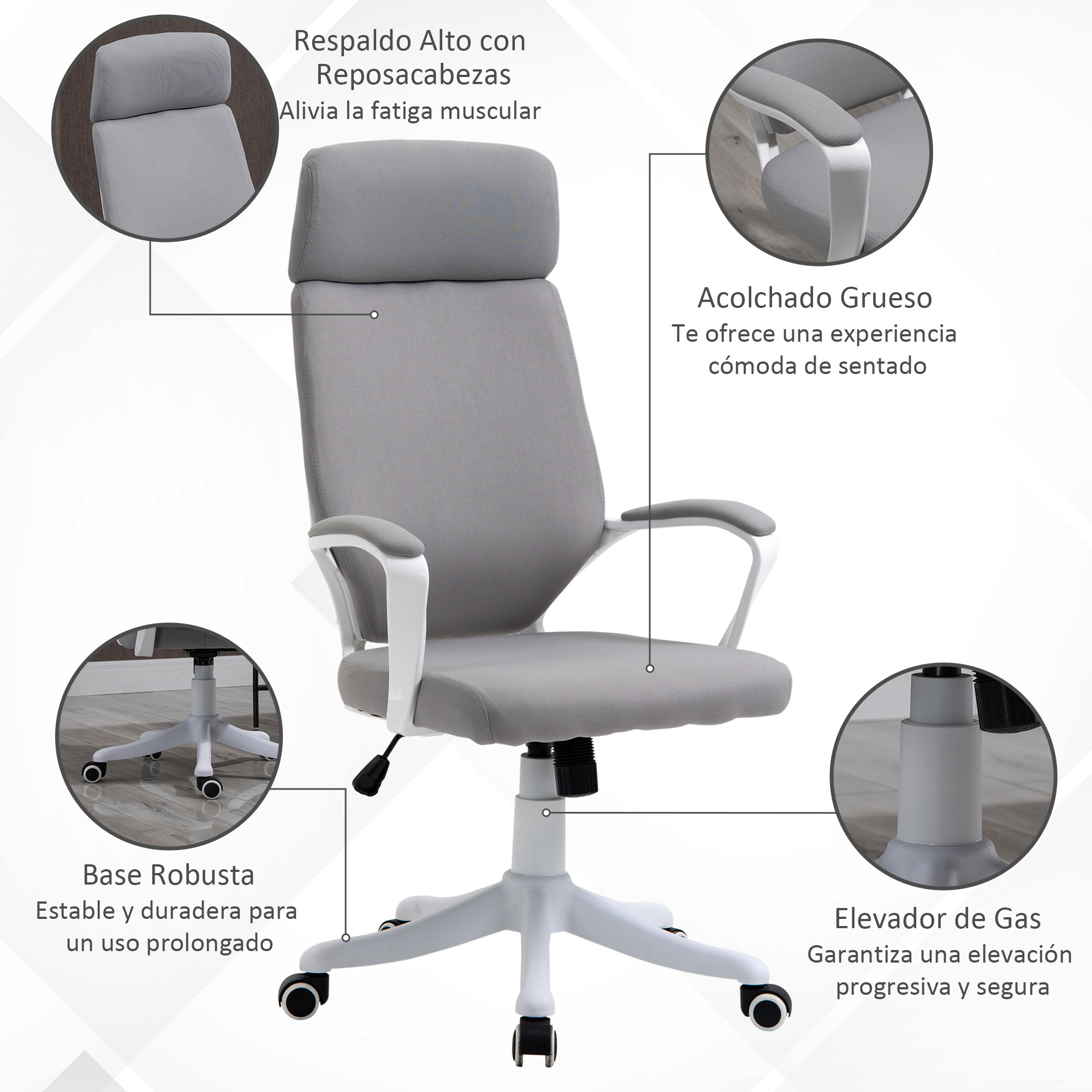 Silla de Oficina Ergonómica Silla Escritorio Giratoria Ajustable en Altura con Reposabrazos Reposacabezas y Respaldo Alto 63x65x112-120 cm Gris