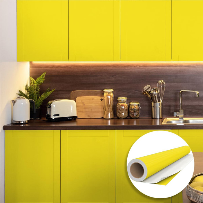 Rouleau adhésif décoratif Vinyle au Mètre - Jaune canari - Sticker Lavable Imperméable Mur Cuisine Meubles
