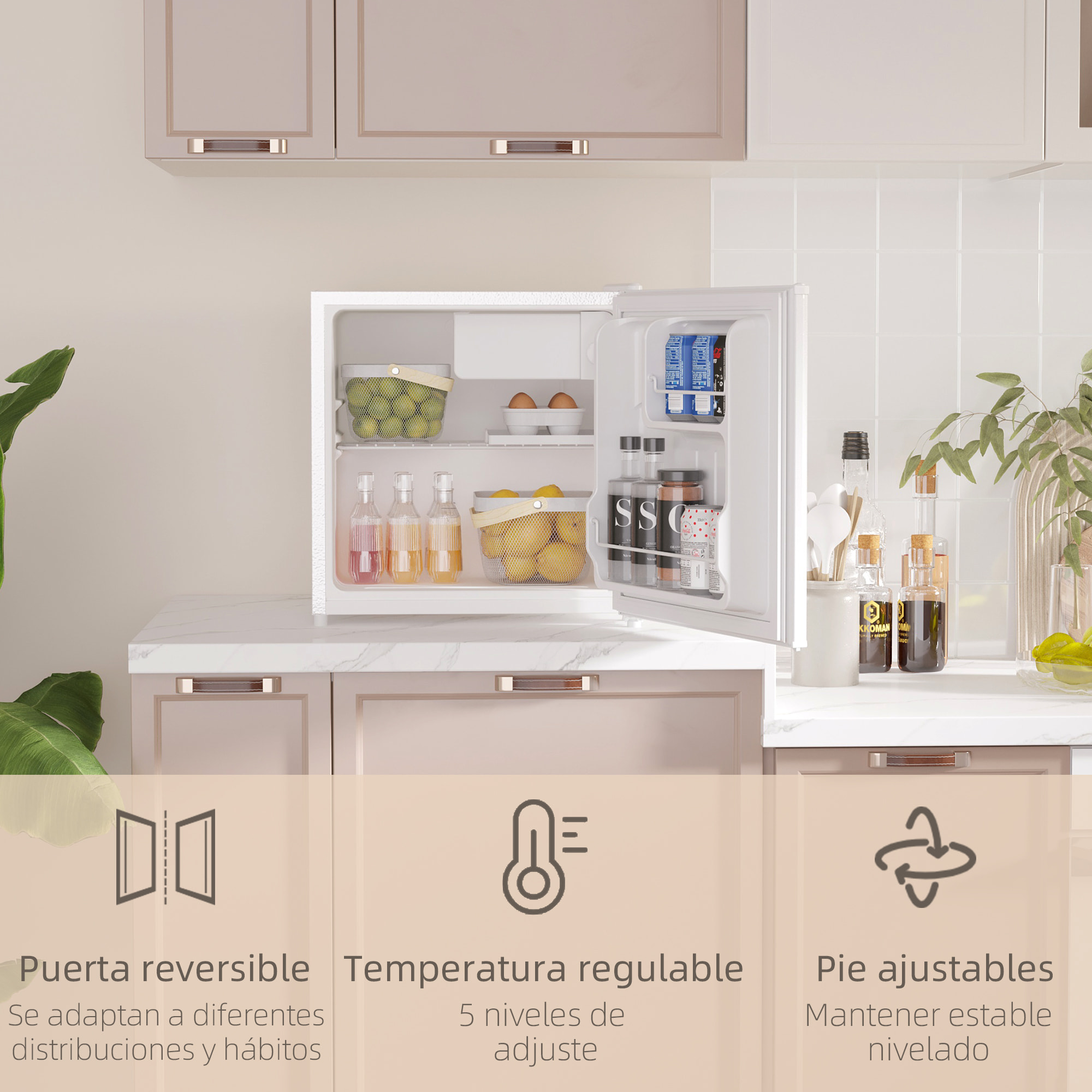 Mini Nevera Silenciosa 46 L Clase E Frigorífico Pequeño Nevera Pequeña con Temperatura Regulable y Puerta Reversible Bajo Nivel de Ruido y Consumo 48x44x49 cm Blanco