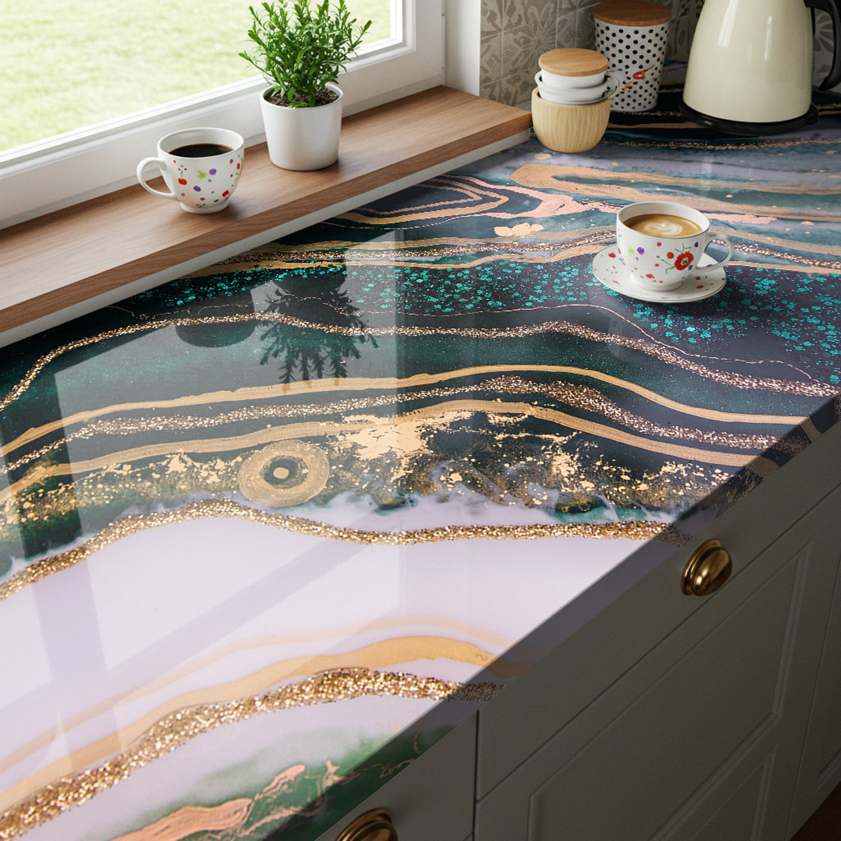 Rouleau revêtement adhésif imperméable - Sticker lavable plan de travail - ÉPOXY EMERAUDE