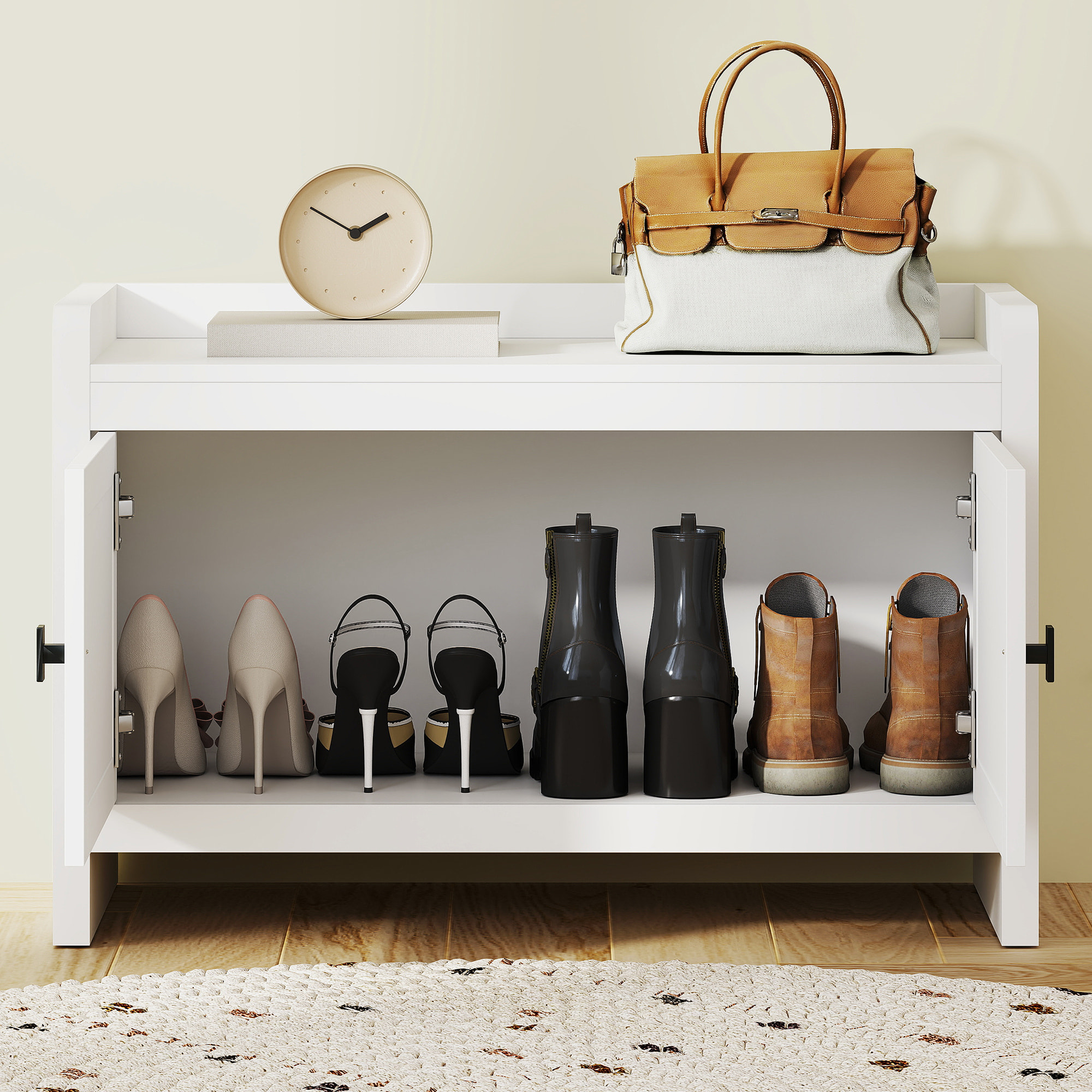 Banco Zapatero Mueble Zapatero Banco de Almacenamiento Bohemio con Puertas Frentes de Ratán Estante Extraíble para 8 Pares de Zapatos para Entrada Dormitorio 80x35x52 cm Blanco