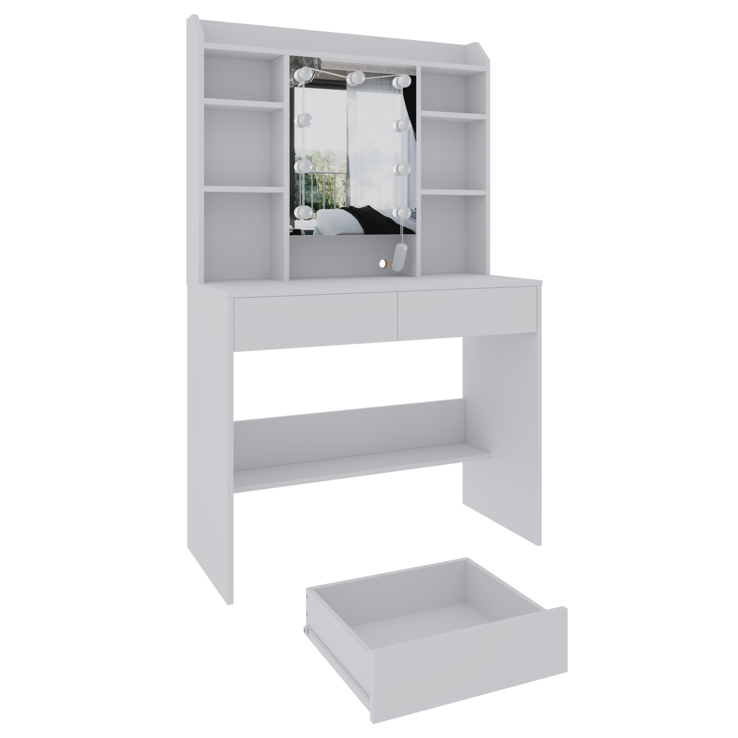 Toeletta Tavolino Trucco Tavolo Con 9 Luci LED Luminosità E Tonalità Regolabili Specchio 2 Cassetti 7 Vani A Giorno Mensole 40 x 90 x 144.7 Cm Bianco