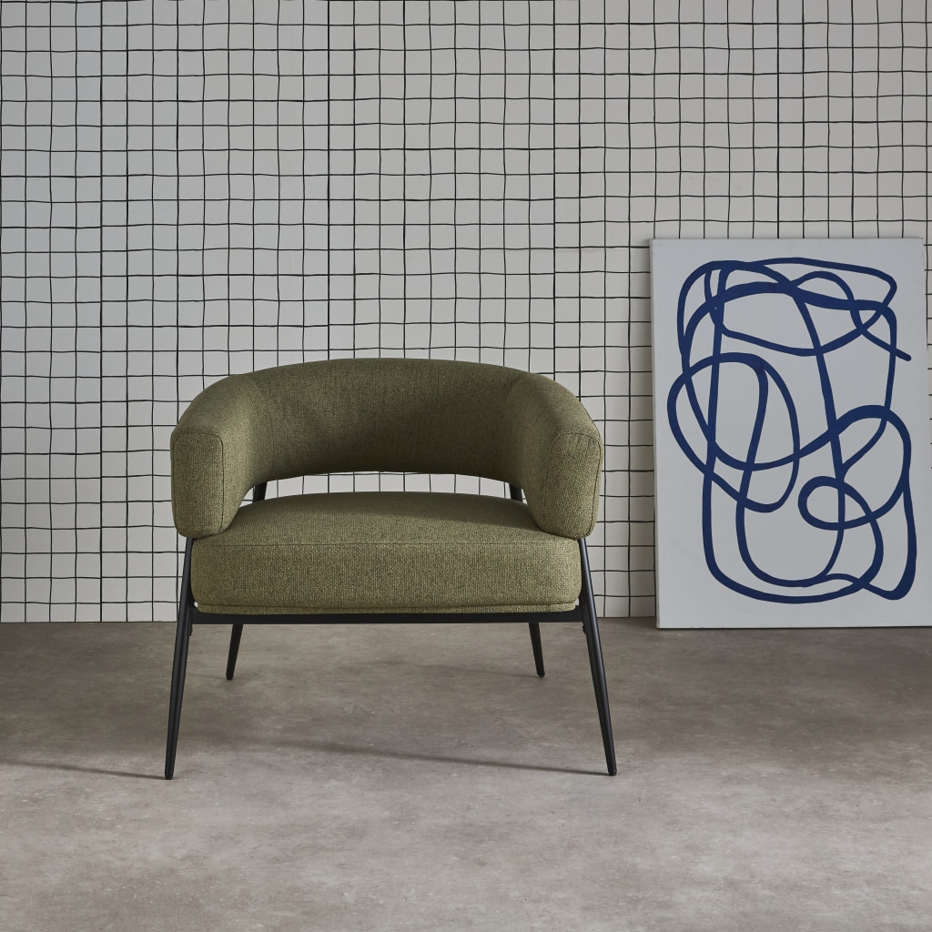 Fauteuil tissu kaki dossier incurvé piétement métal L 81.5 x P 72.5 x H 69 cm - Cristo
