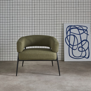 Fauteuil tissu kaki dossier incurvé piétement métal L 81.5 x P 72.5 x H 69 cm - Cristo