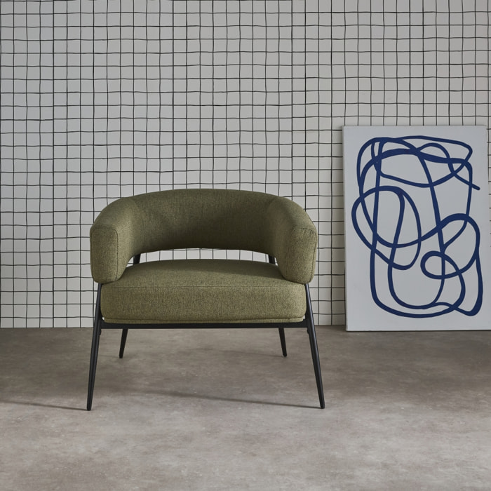 Fauteuil tissu kaki dossier incurvé piétement métal L 81.5 x P 72.5 x H 69 cm - Cristo