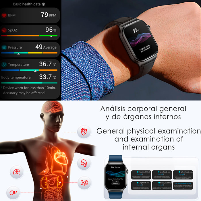 Smartwatch TK18. Llamadas Bluetooth con funciones avanzadas de salud: medición de glucosa, lípidos y ácido úrico, temperatura corporal, ECG, EDA, micro examen físico y composición corporal.