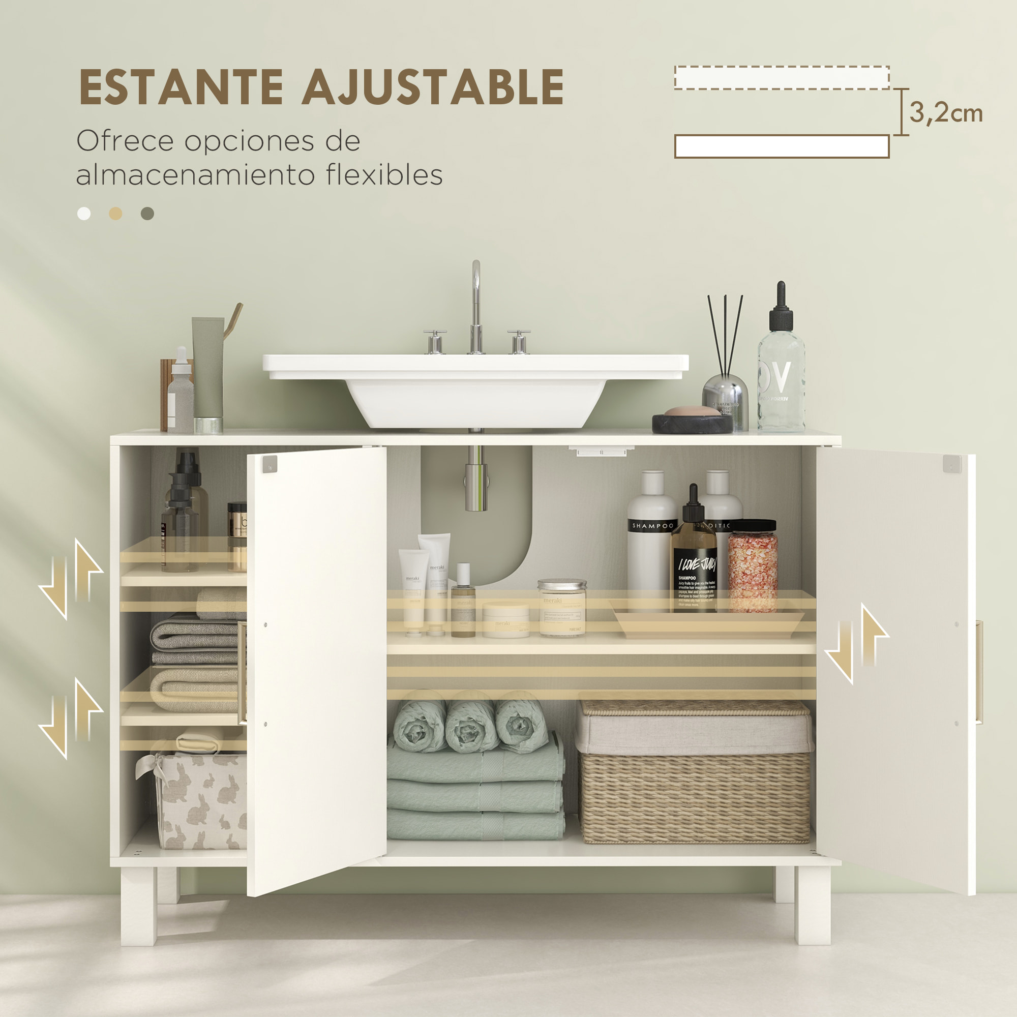 Mueble bajo Lavabo Mueble de Lavabo con Pie Mueble de Baño Moderno con 2 Puertas y Estantes Ajustables 90x30x63 cm Crema