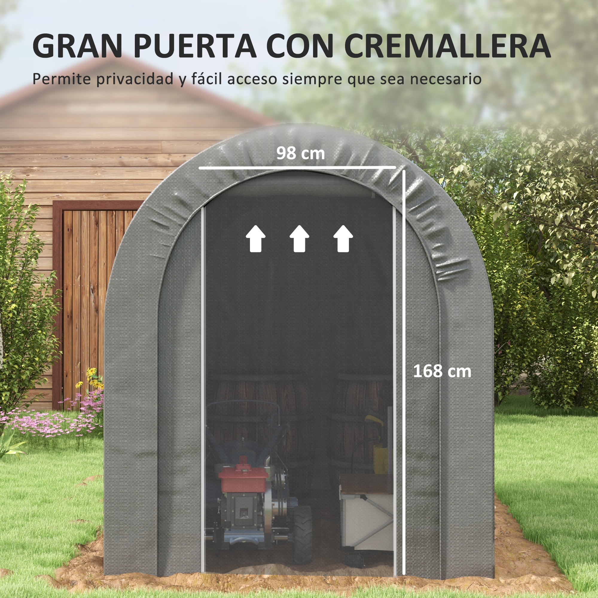 Carpa de Jardín Exterior para Herramientas, Bicicletas, 2,4x1,6x1,9 m, Cobertizo Exterior con Marco de Acero, Puerta Enrollable con Cremallera, Impermeable, Garaje Portátil, Gris Claro