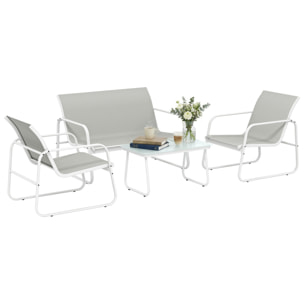 Conjunto Jardín Exterior de 4 Piezas, Muebles Jardín Exterior con Sofá de 2 Plazas, 2 Sillones, Mesa de Vidrio Templado, Tela de Textilene Transpirable, Estructura de Acero, Gris Claro