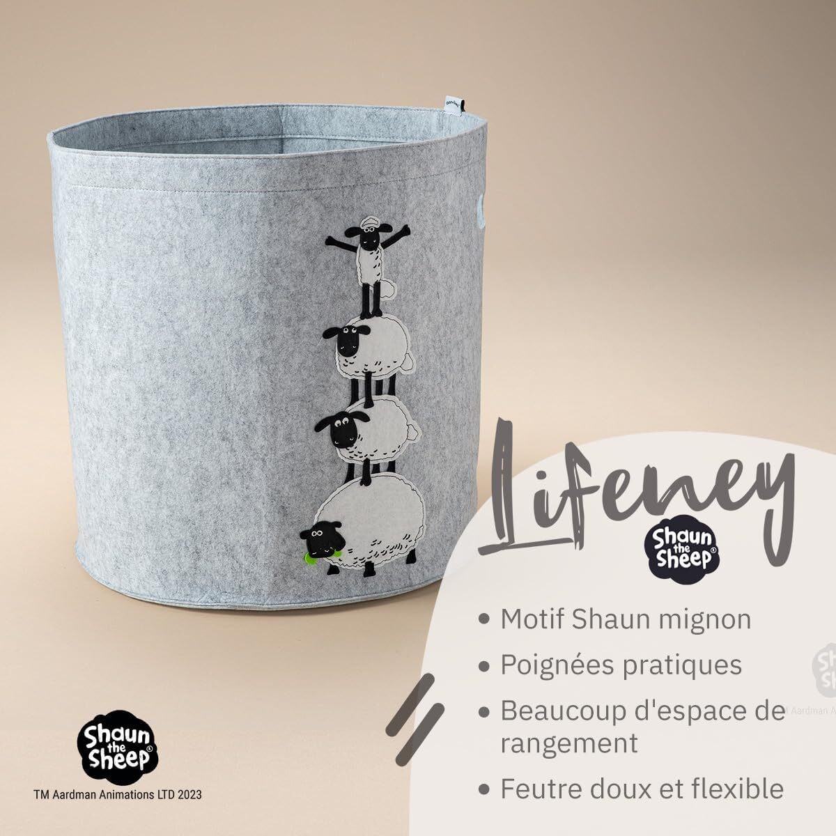 Panier à linge sale gris en feutre motif 4 moutons Lifeney Shaun le mouton