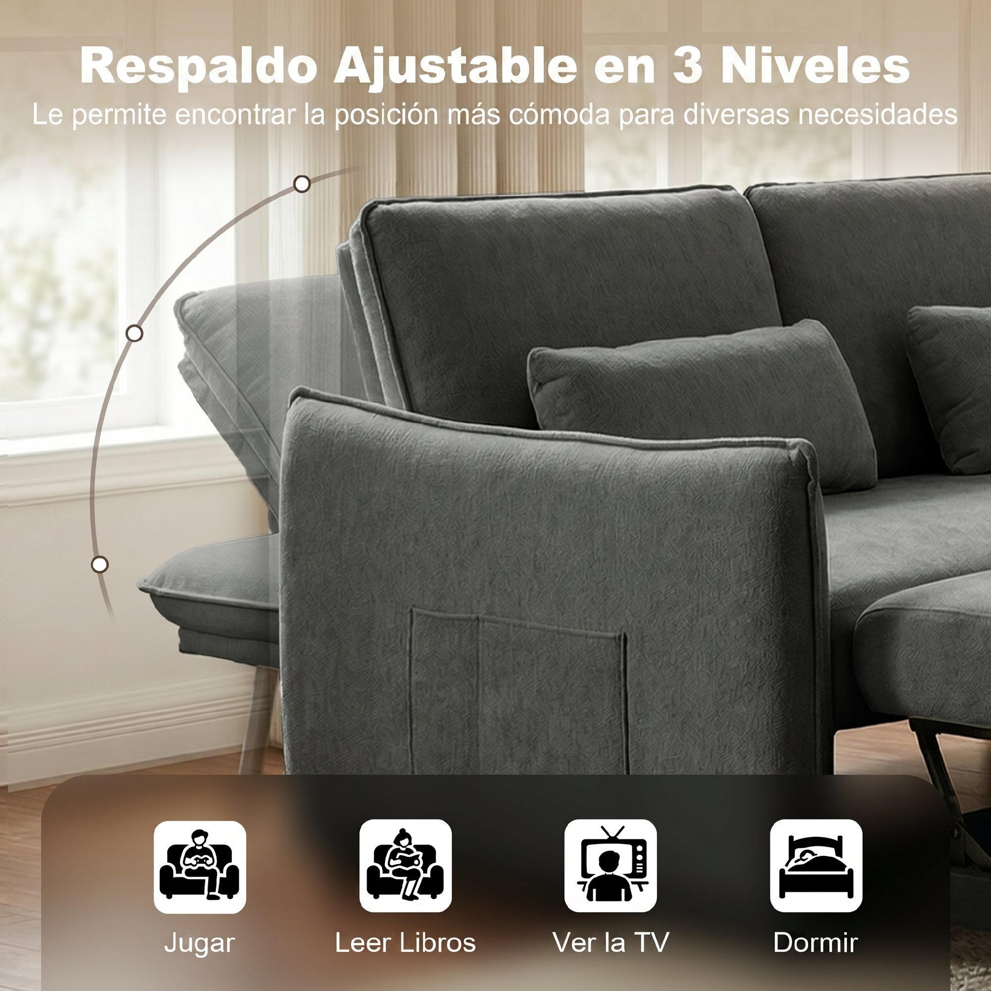 Sofá Cama 2 Plazas 3 en 1, Sofá Cama de Chenilla con Mesa Auxiliar, Portavasos, Respaldo Ajustable, Bolsillos Laterales, 2 Almohadas para Sala de Estar, Espacios Pequeños, Gris Oscuro