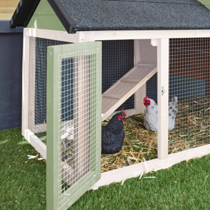 Poulailler en bois blanc et vert GALINETTE. 3 poules. cage à poule avec enclos